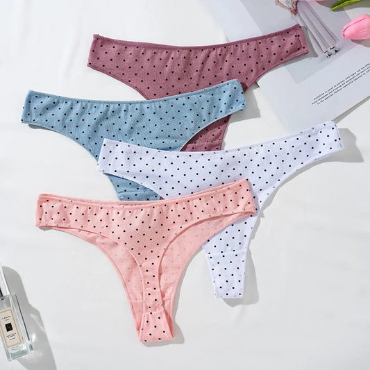 Set of five women's cotton thong panties in various colors with polka dots for comfortable everyday wear