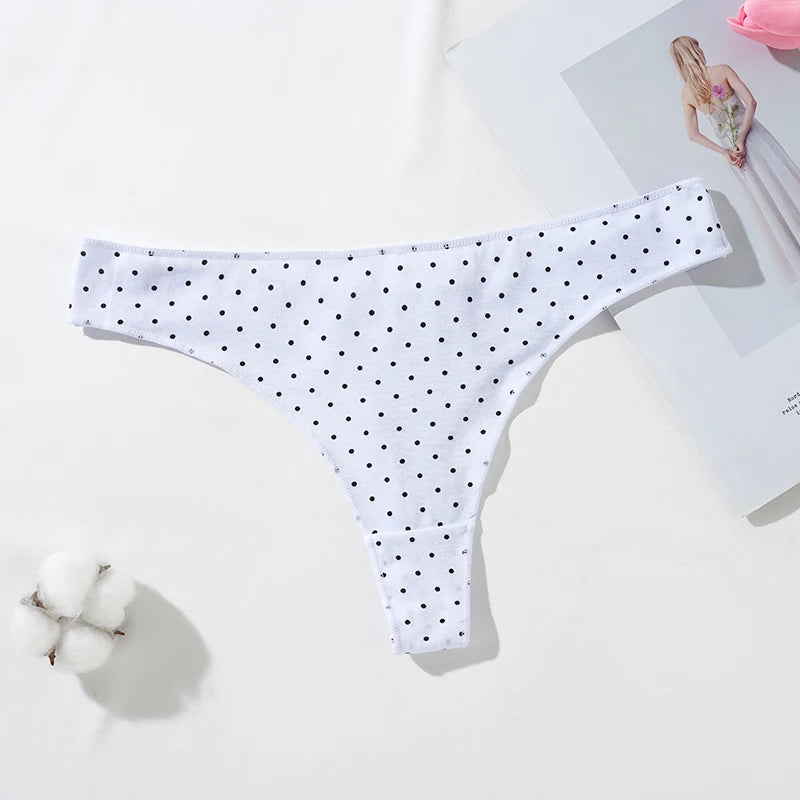 LuckeLadybug women's cotton thong panties in white with black polka dots for comfortable everyday wear
