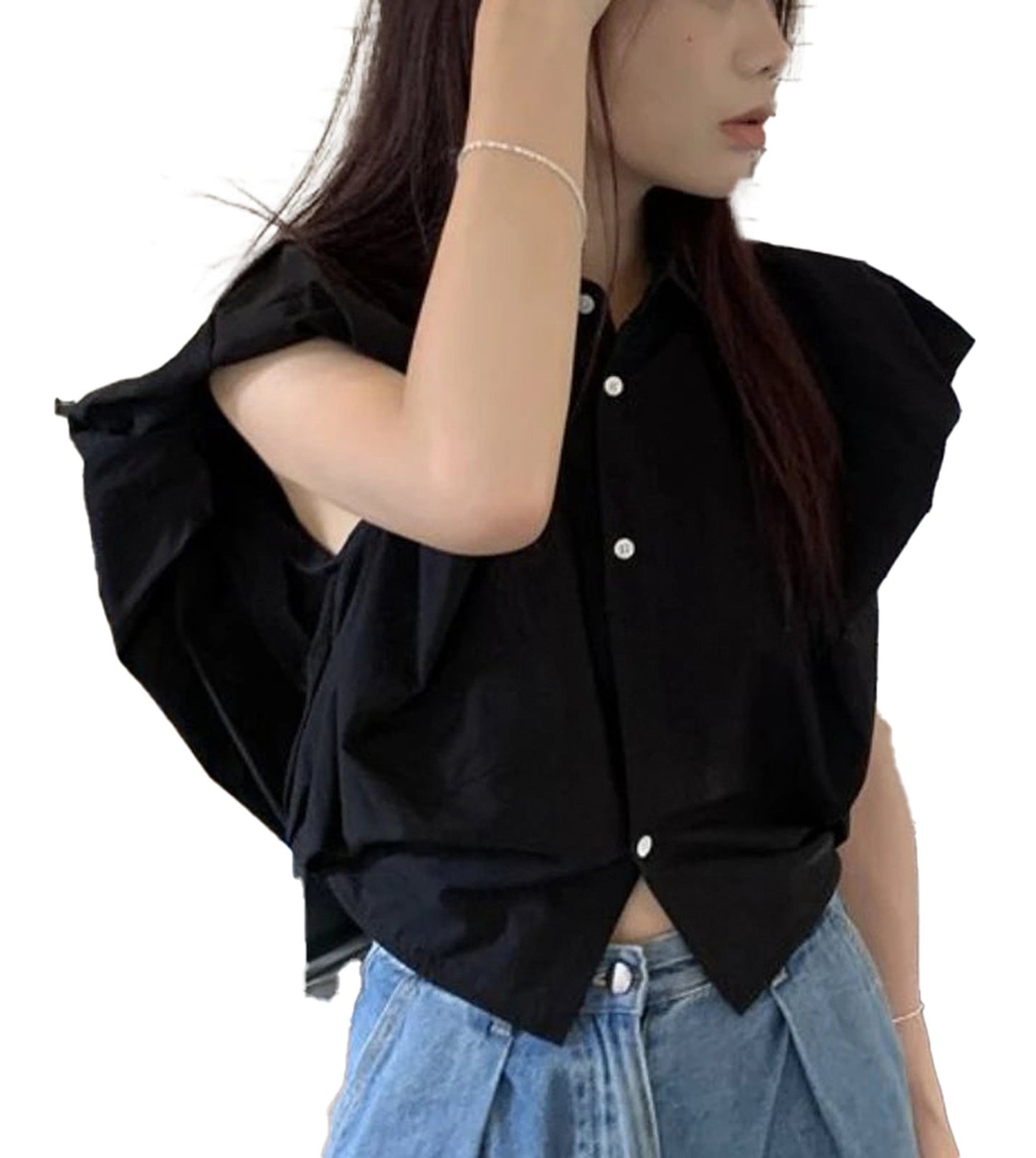 Black women's crop top shirt with ruffled sleeves and button-up design, perfect for casual wear