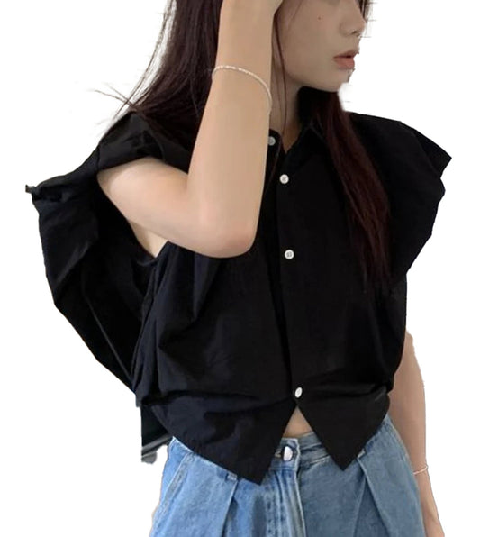 Black women's crop top shirt with ruffled sleeves and button-up design, perfect for casual wear
