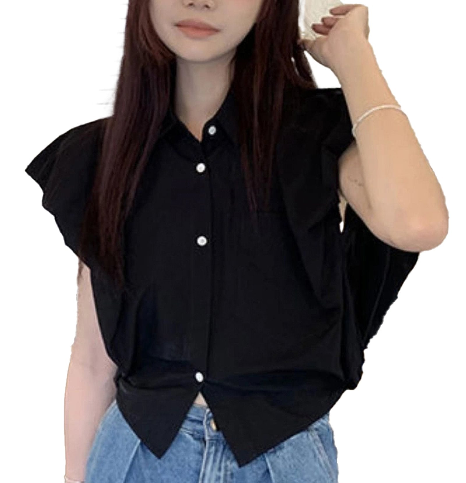 Stylish black women's crop top shirt with ruffled sleeves and button-up front for a trendy look