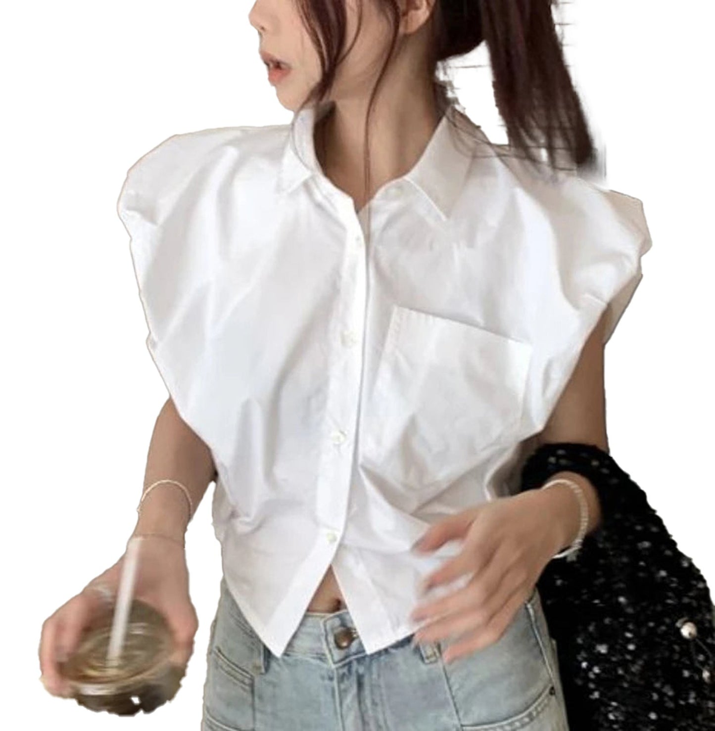 LuckeLadybug women's crop top shirt in white with puff sleeves and a front pocket, perfect for casual outfits