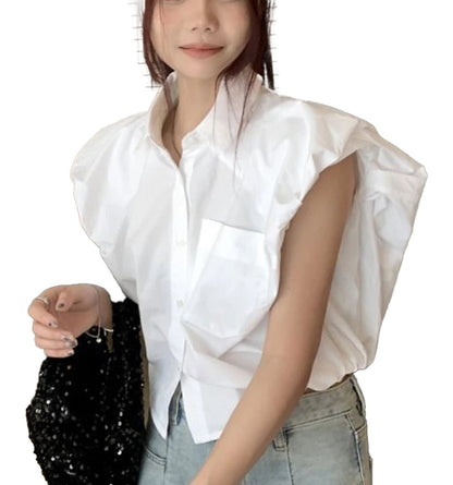 LuckeLadybug LLC women's crop top shirt in white with unique puffed sleeves and button closure