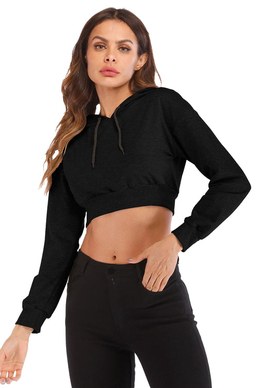 Women's cropped hoodie sweatshirt in black with drawstring hood and stylish fit