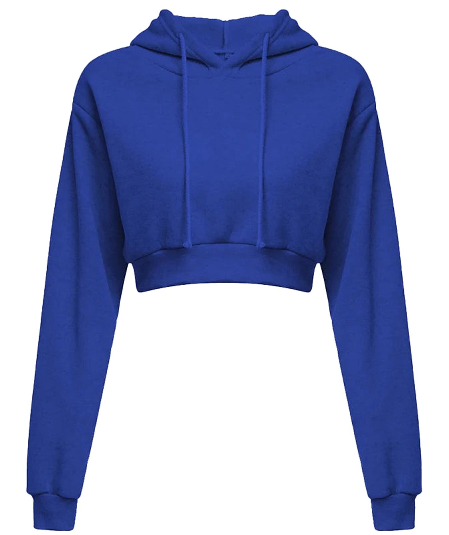 Blue women's cropped hoodie sweatshirt with a relaxed fit and adjustable drawstrings
