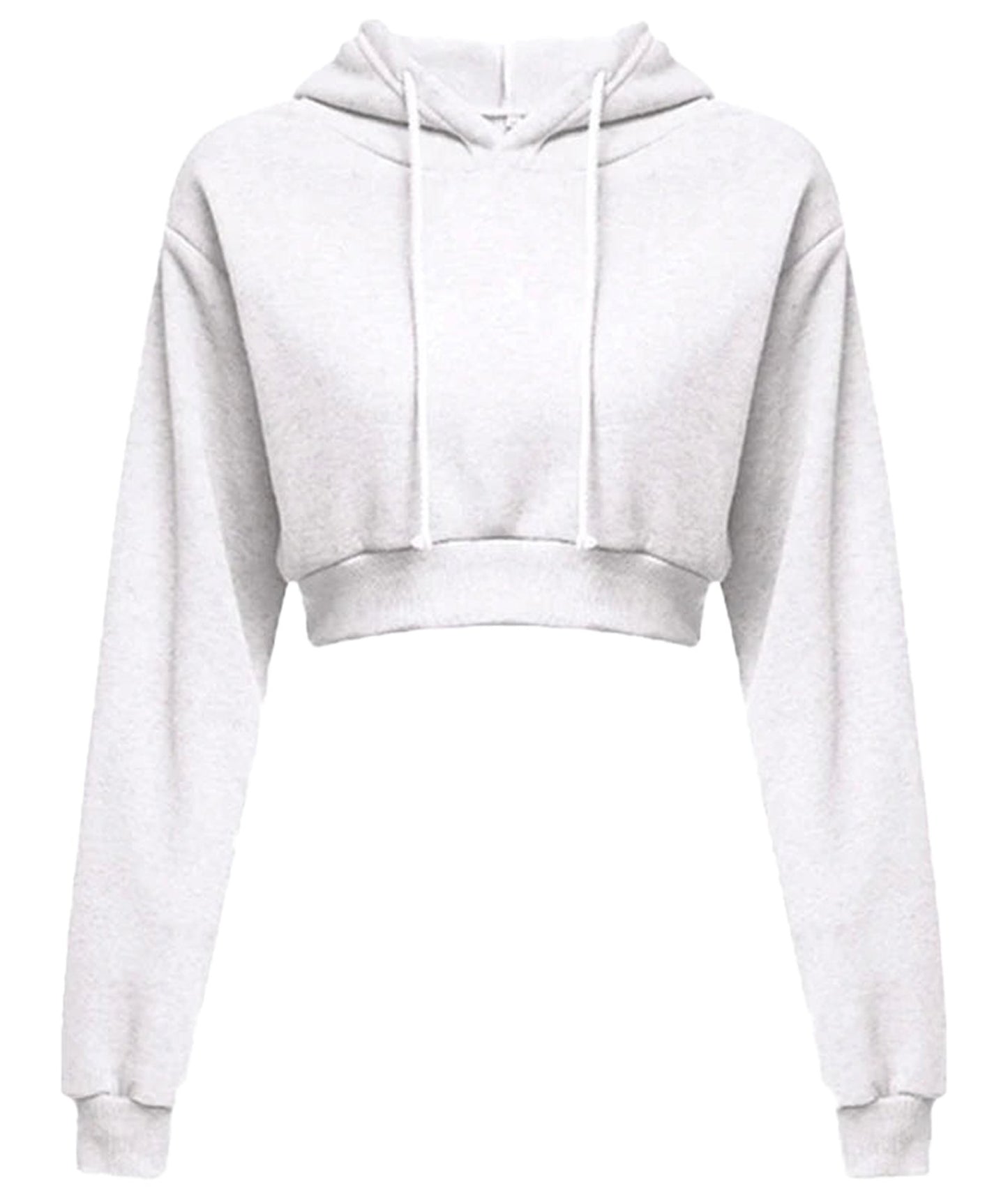 Light gray women's cropped hoodie sweatshirt with long sleeves and drawstring hood
