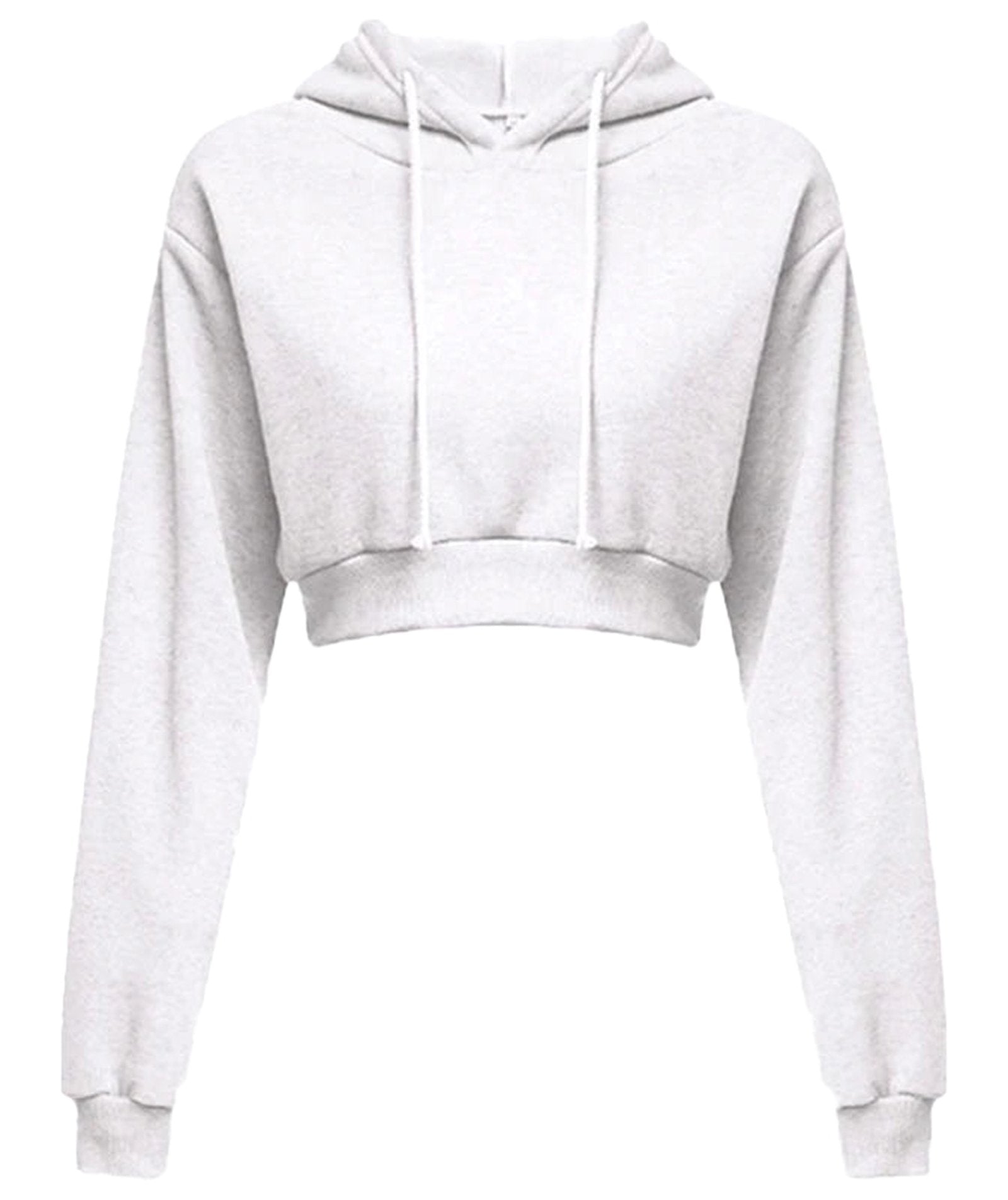Light gray women's cropped hoodie sweatshirt with long sleeves and drawstring hood