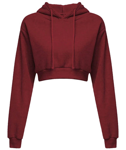 Maroon women's cropped hoodie sweatshirt with a comfortable fit and drawstring for stylish layering