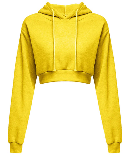 Bright yellow women's cropped hoodie sweatshirt with a cozy fit and adjustable drawstring hood