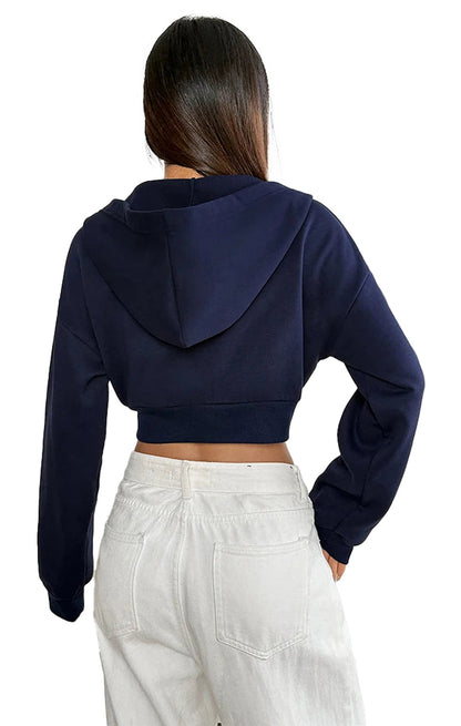 Rear view of a women's cropped zip up hoodie in navy, perfect for casual wear and layering.