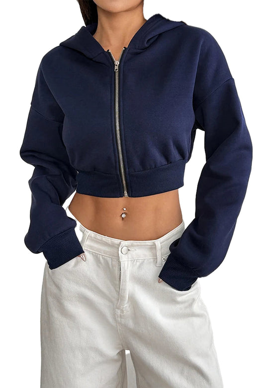 Navy women's cropped zip up hoodie with a relaxed fit and hood for casual style