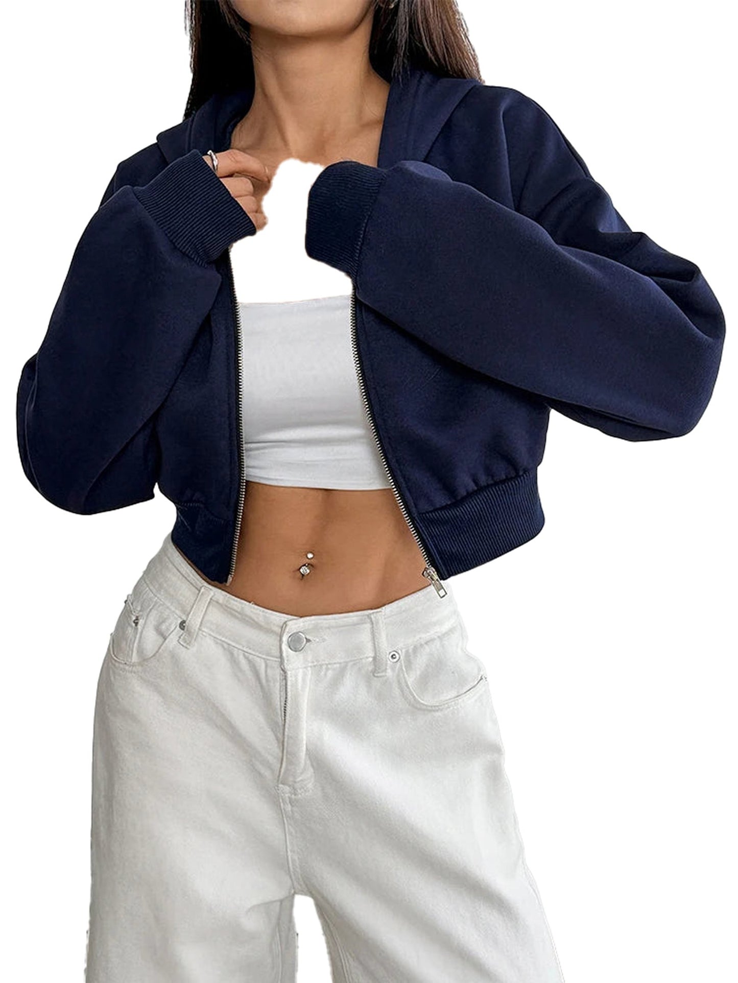 Stylish women's cropped zip up hoodie in navy, perfect for casual outfits