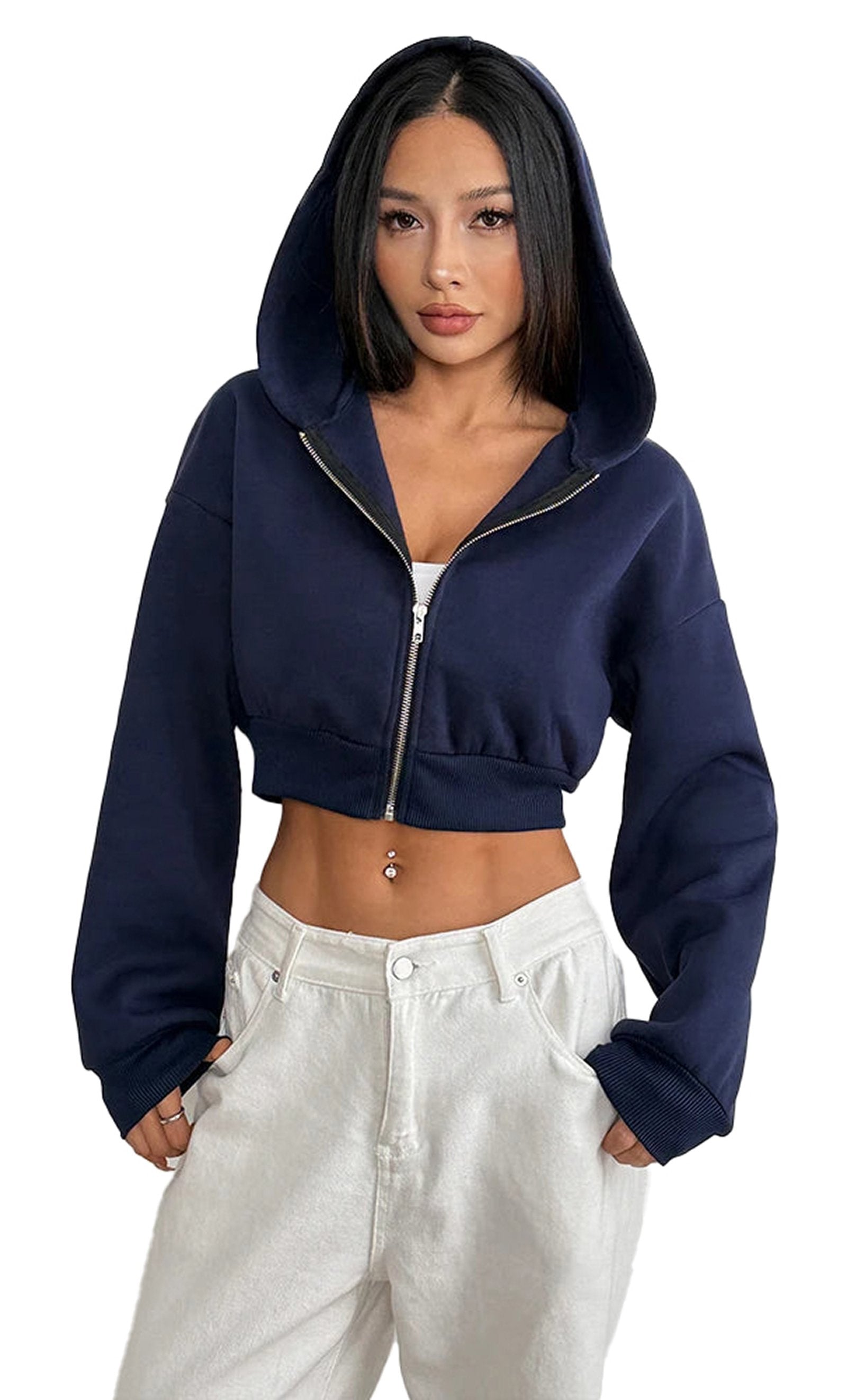 Women's cropped zip up hoodie in navy blue with a relaxed fit and stylish design