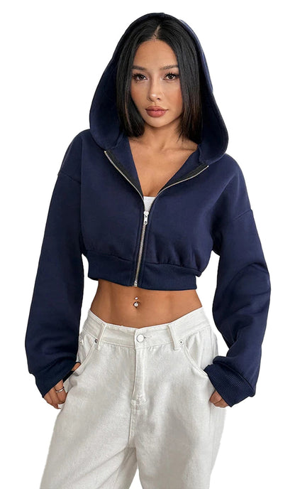 Women's cropped zip up hoodie in navy blue with a relaxed fit and stylish design