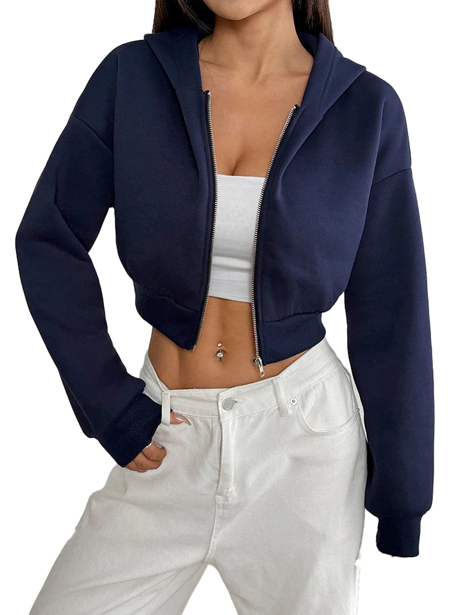Women's cropped zip up hoodie in navy blue perfect for stylish layering and casual outings.