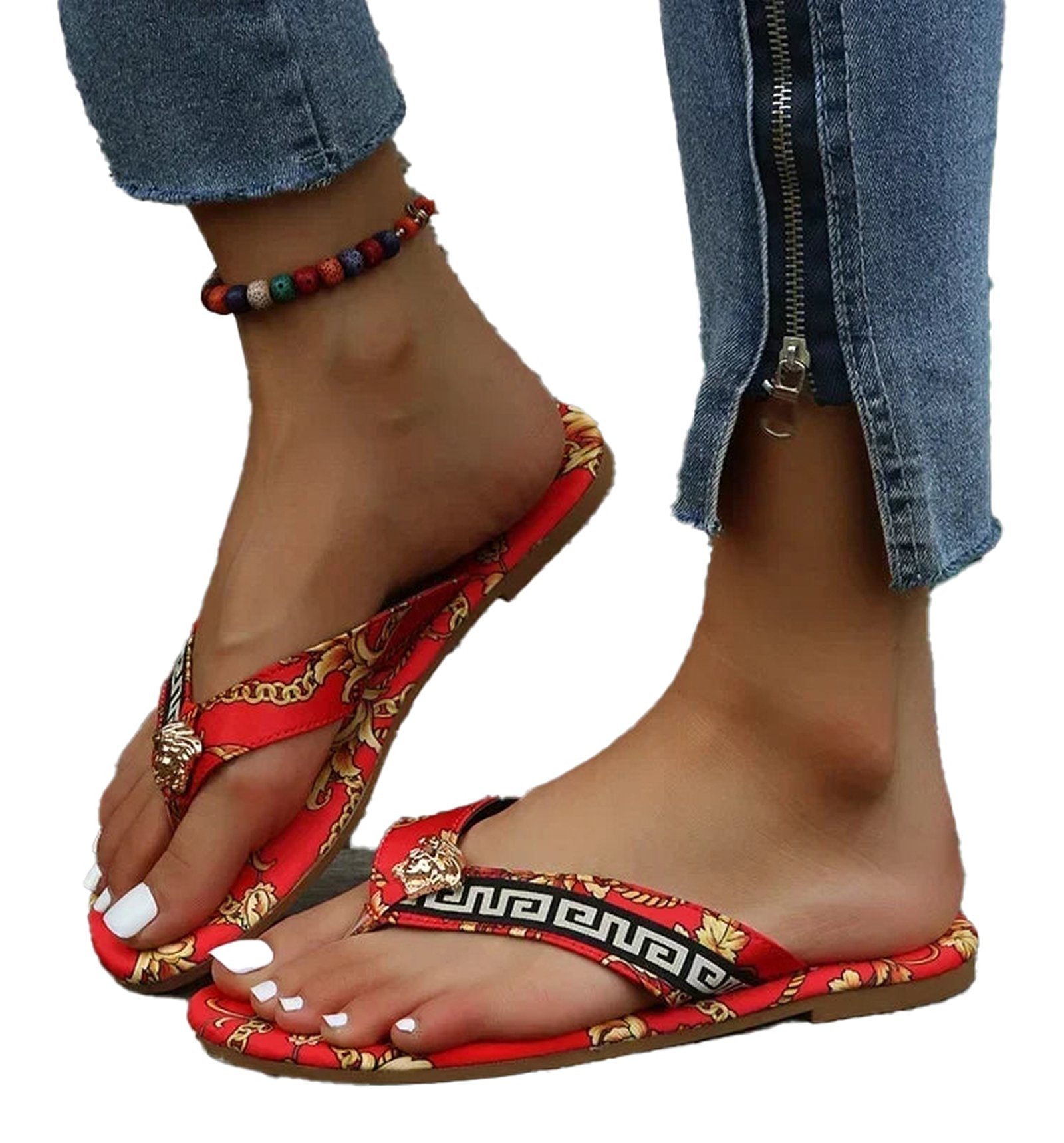 Red women's fashion flip flops with stylish gold patterns for casual summer wear