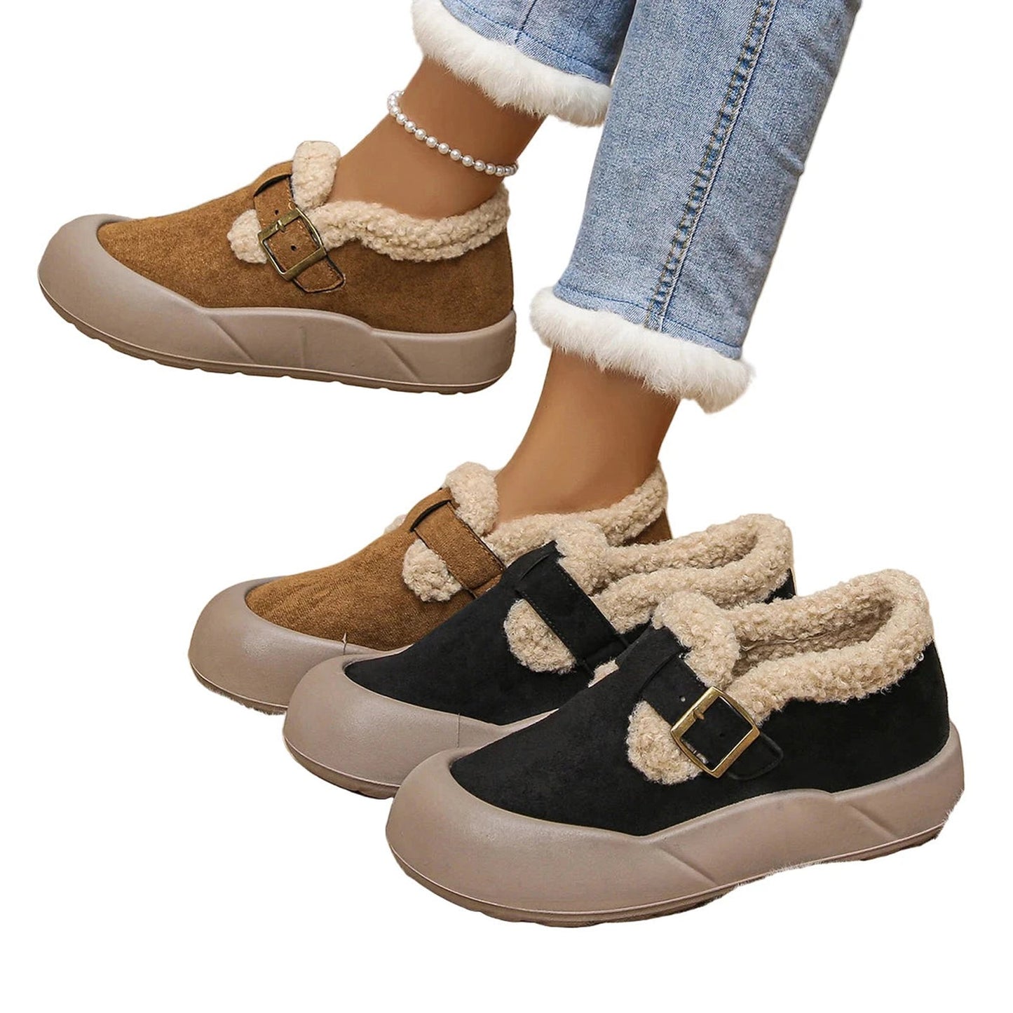 LuckeLadybug Women's Faux Fur Snow Boots in Black and Brown with Cozy Lining for Winter Comfort