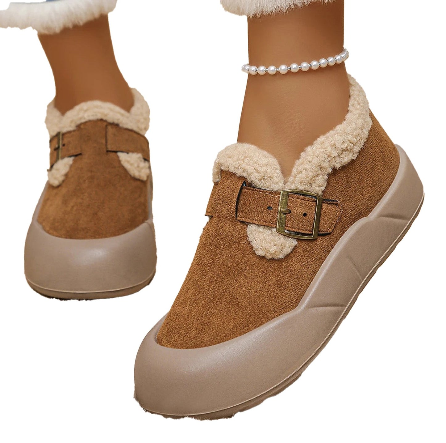 LuckeLadybug women's faux fur snow boots in brown with a stylish buckle design for winter comfort