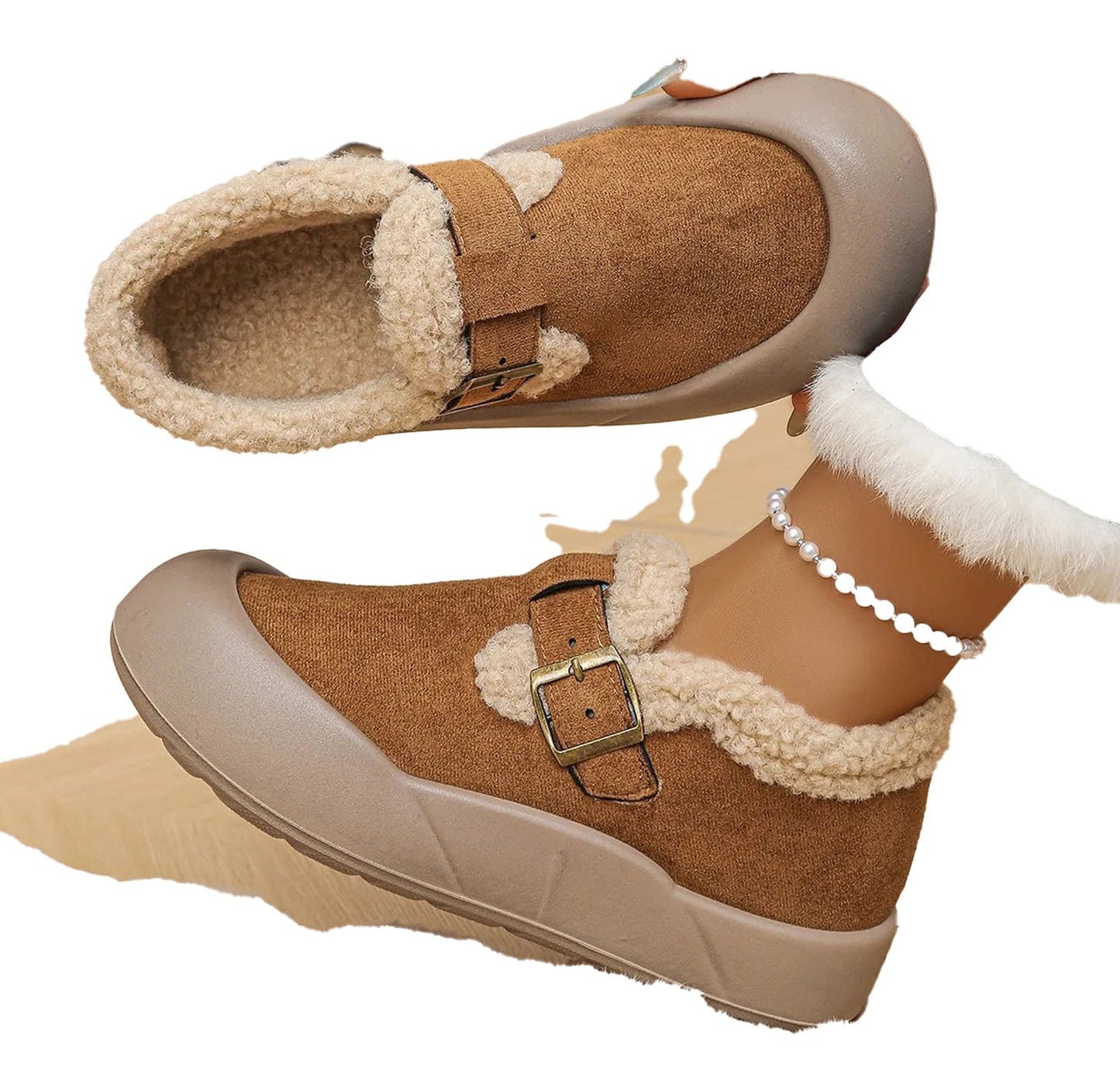 LuckeLadybug women's faux fur snow boots in brown with cozy fleece lining and buckle detail