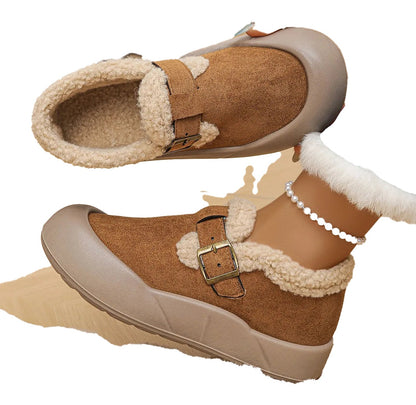 LuckeLadybug women's faux fur snow boots in brown with cozy fleece lining and buckle detail