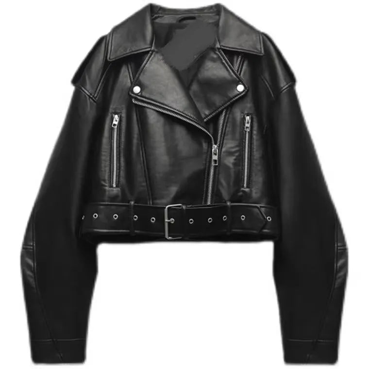 LuckeLadybug women's faux leather biker jacket with zippered pockets and belt detailing