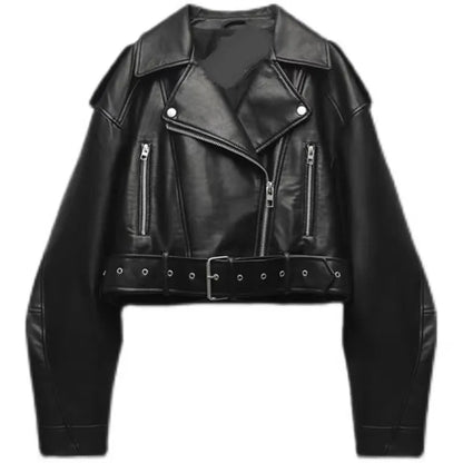 LuckeLadybug women's faux leather biker jacket with zippered pockets and belt detailing