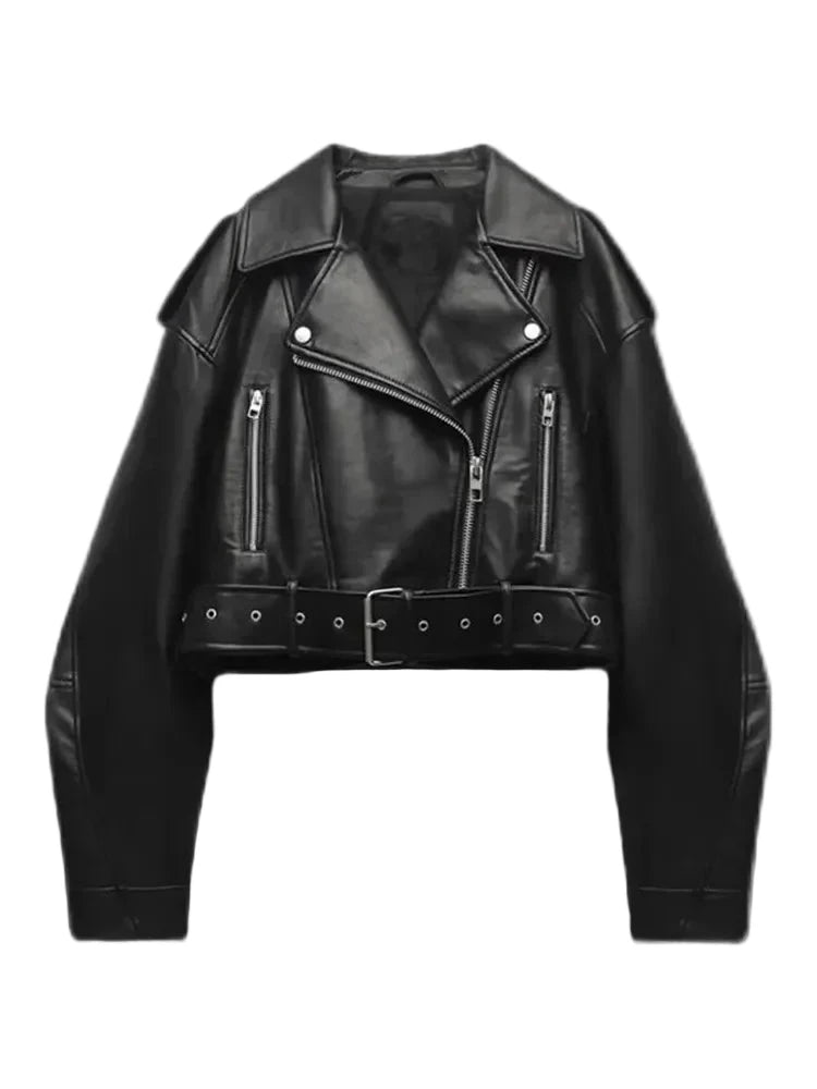 LuckeLadybug women's faux leather biker jacket with zipper pockets and belted waist