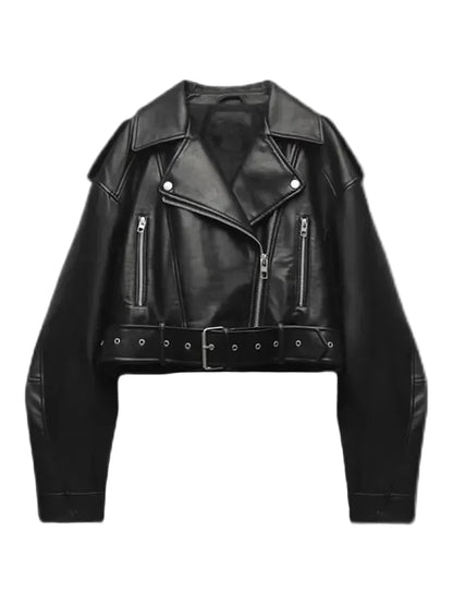 LuckeLadybug women's faux leather biker jacket with zipper pockets and belted waist