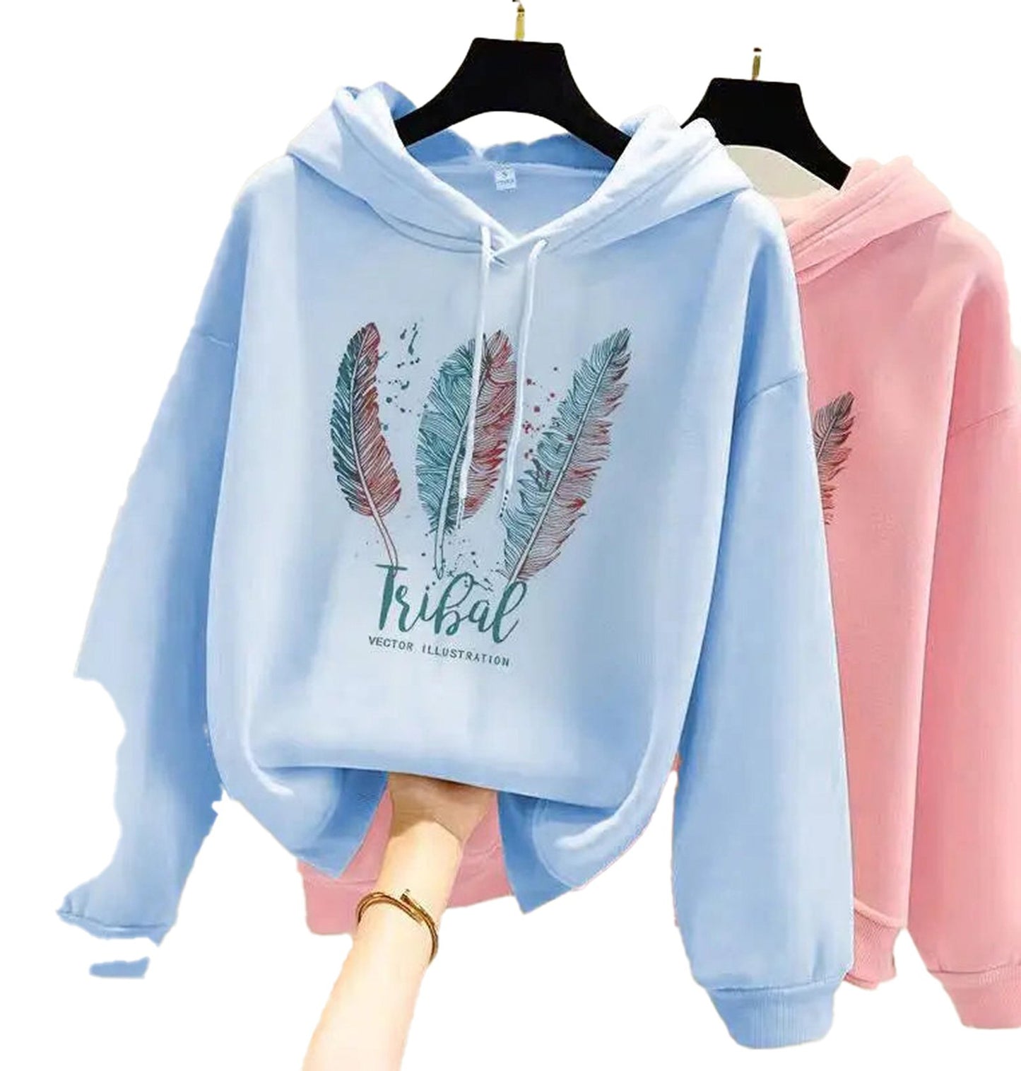 LuckeLadybug women's feather print hoodie in blue featuring vibrant feather graphics