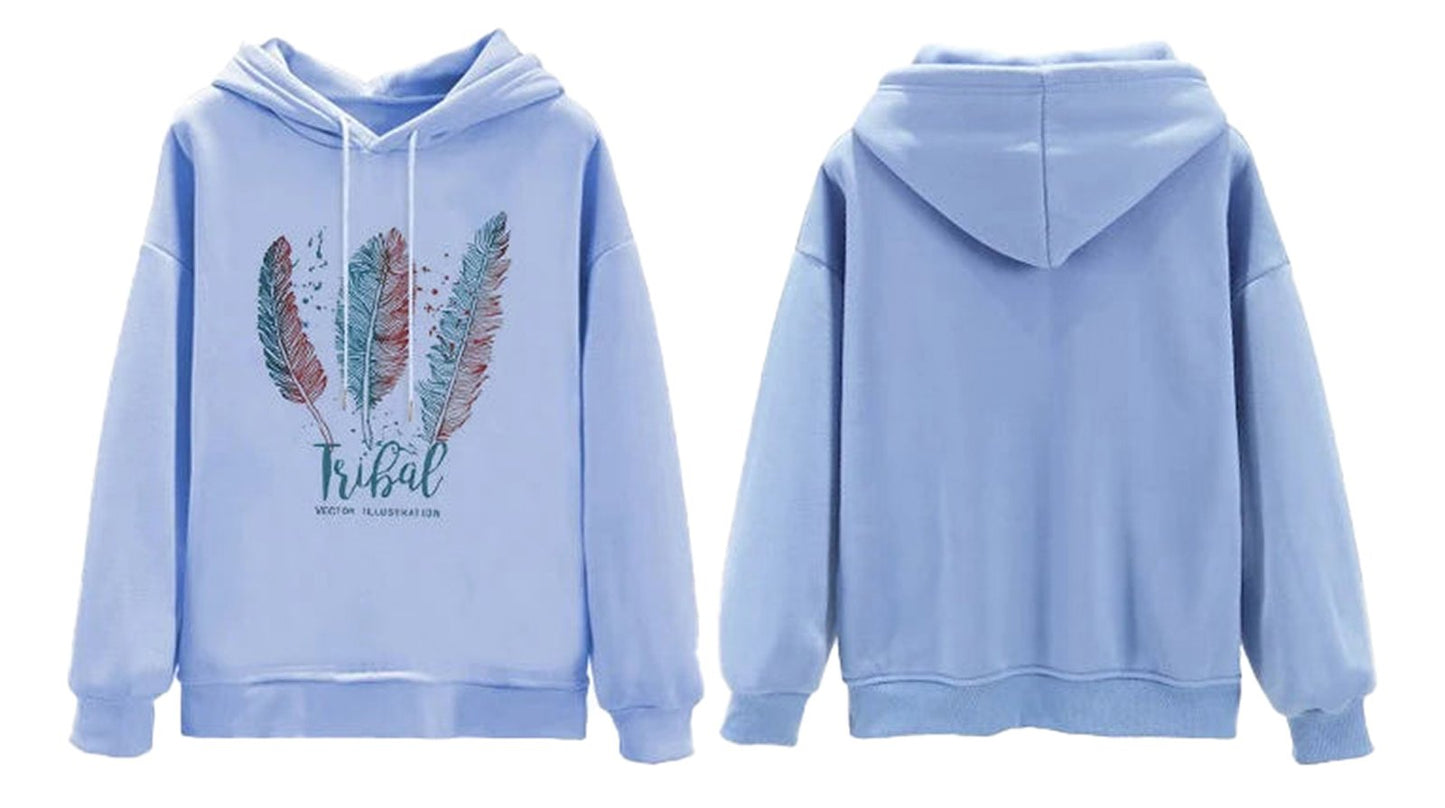 LuckeLadybug LLC women's feather print hoodie in light blue with a tribal design featuring colorful feathers