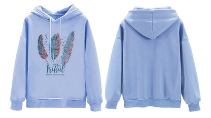 LuckeLadybug LLC women's feather print hoodie in light blue with a tribal design featuring colorful feathers