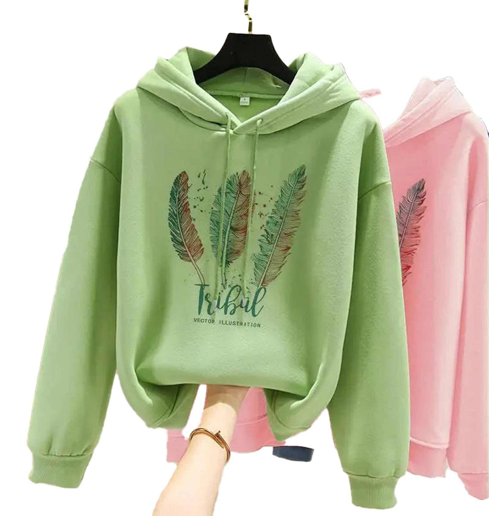 LuckeLadybug women's feather print hoodie in green with colorful feather design and cozy fit