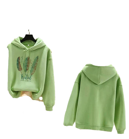 Light green women's feather print hoodie featuring a loose fit and soft fabric for casual comfort