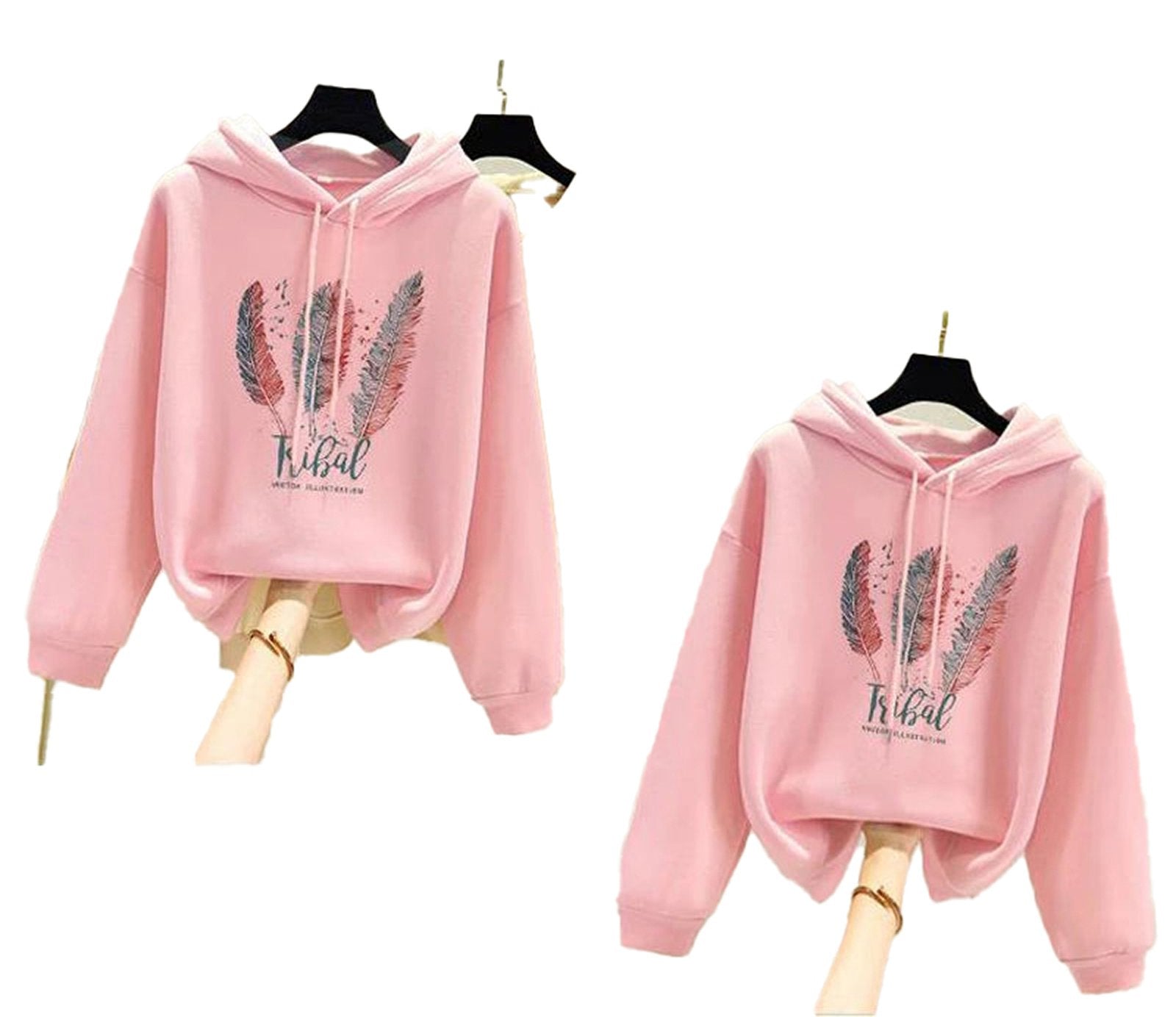 LuckeLadybug women's feather print hoodie in pink with a soft and cozy design