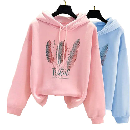 LuckeLadybug LLC women's feather print hoodie in pink and blue with stylish feather design