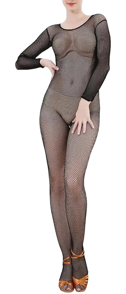 LuckeLadybug women's fishnet jumpsuit in black with long sleeves for a stylish and bold look