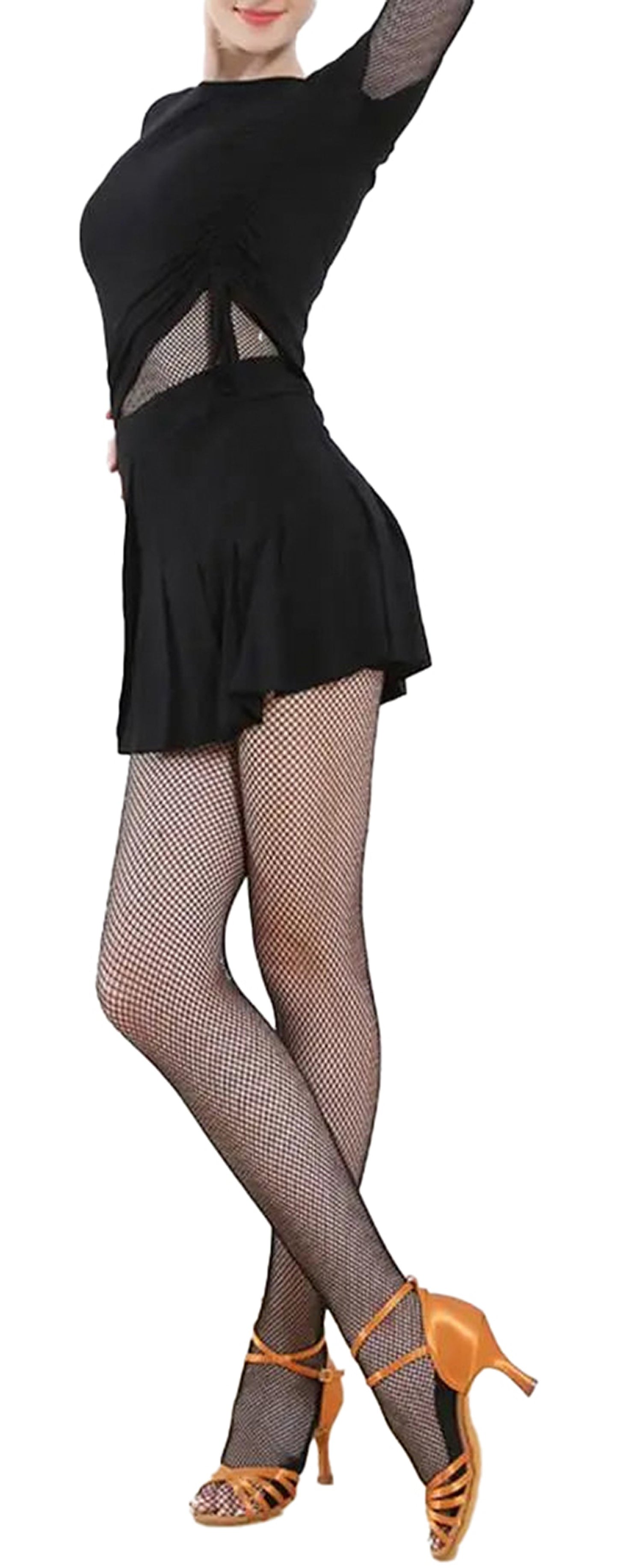 Elegant women's fishnet jumpsuit by LuckeLadybug LLC, featuring a stylish top and skirt design.