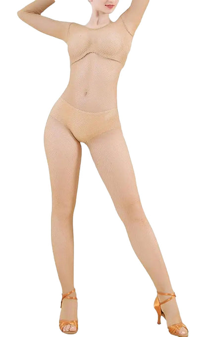 Women's fishnet jumpsuit in nude color featuring a seamless design and long sleeves