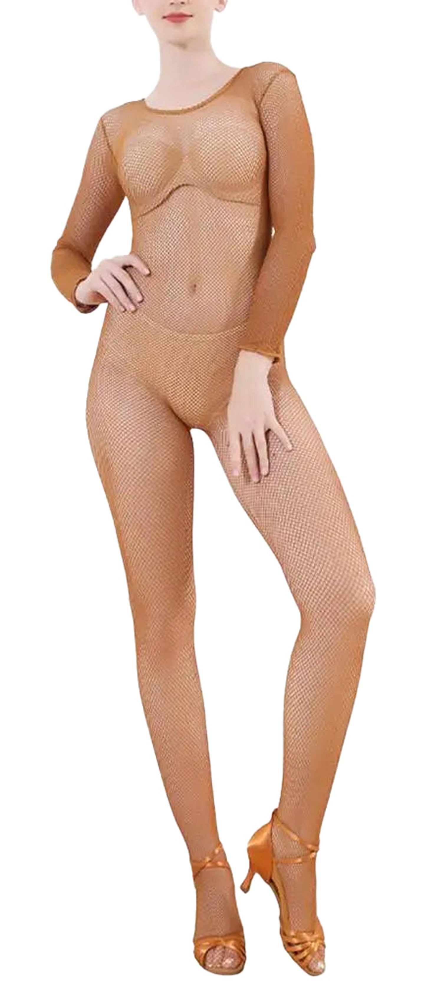 LuckeLadybug women's fishnet jumpsuit in nude color, featuring long sleeves and form-fitting design