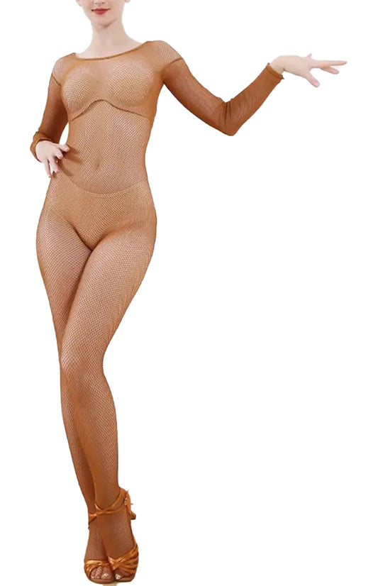 Women's fishnet jumpsuit in nude color, featuring long sleeves and a form-fitting design for a stylish look