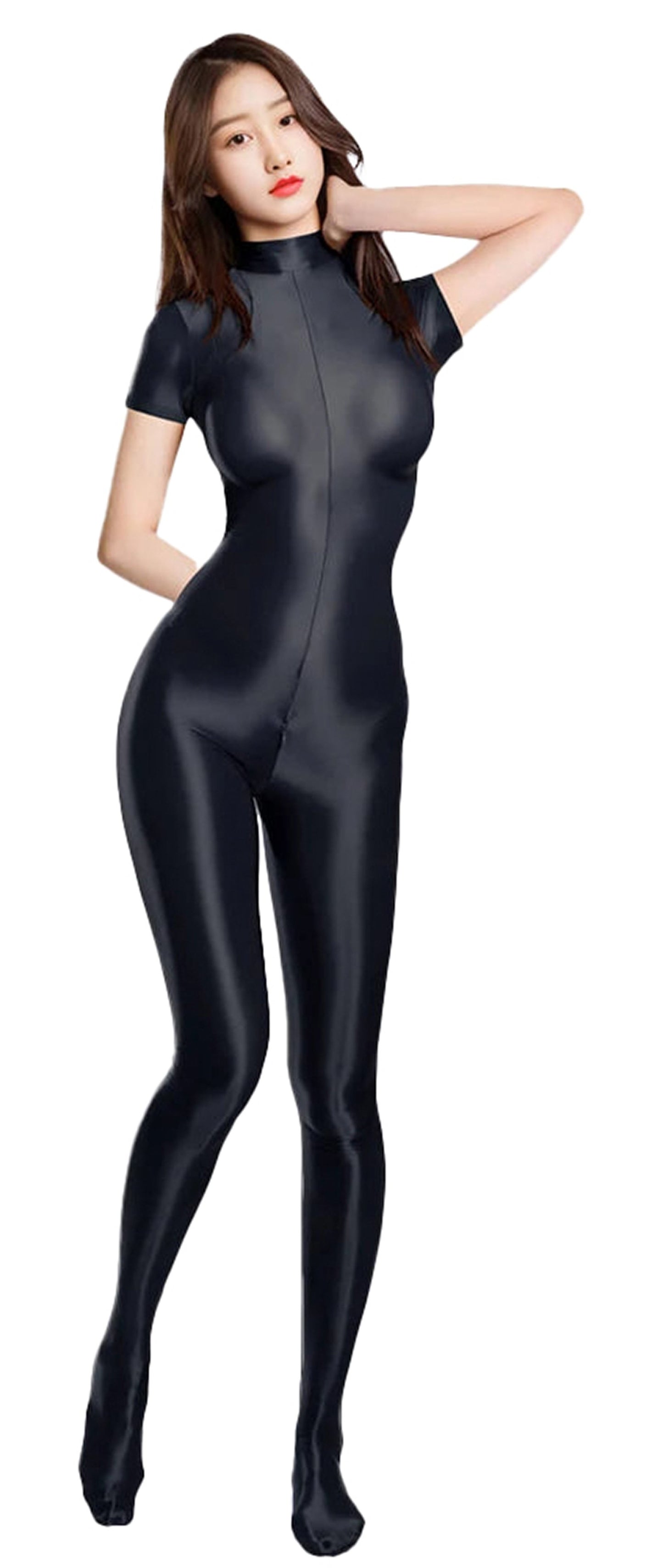 LuckeLadybug LLC women's fitness bodysuit zipper in sleek black with a stylish short sleeve design