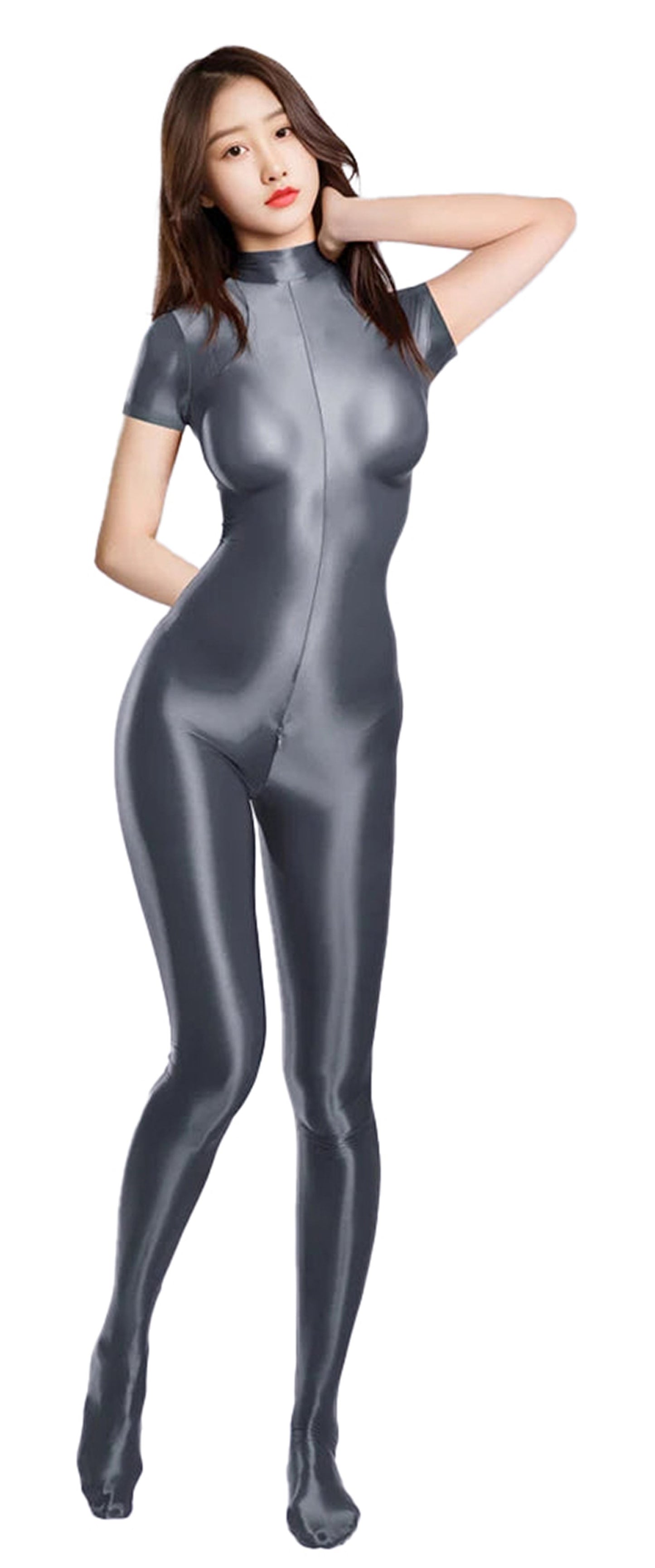 Sleek women's fitness bodysuit zipper in shiny gray fabric for an elegant look and comfortable fit
