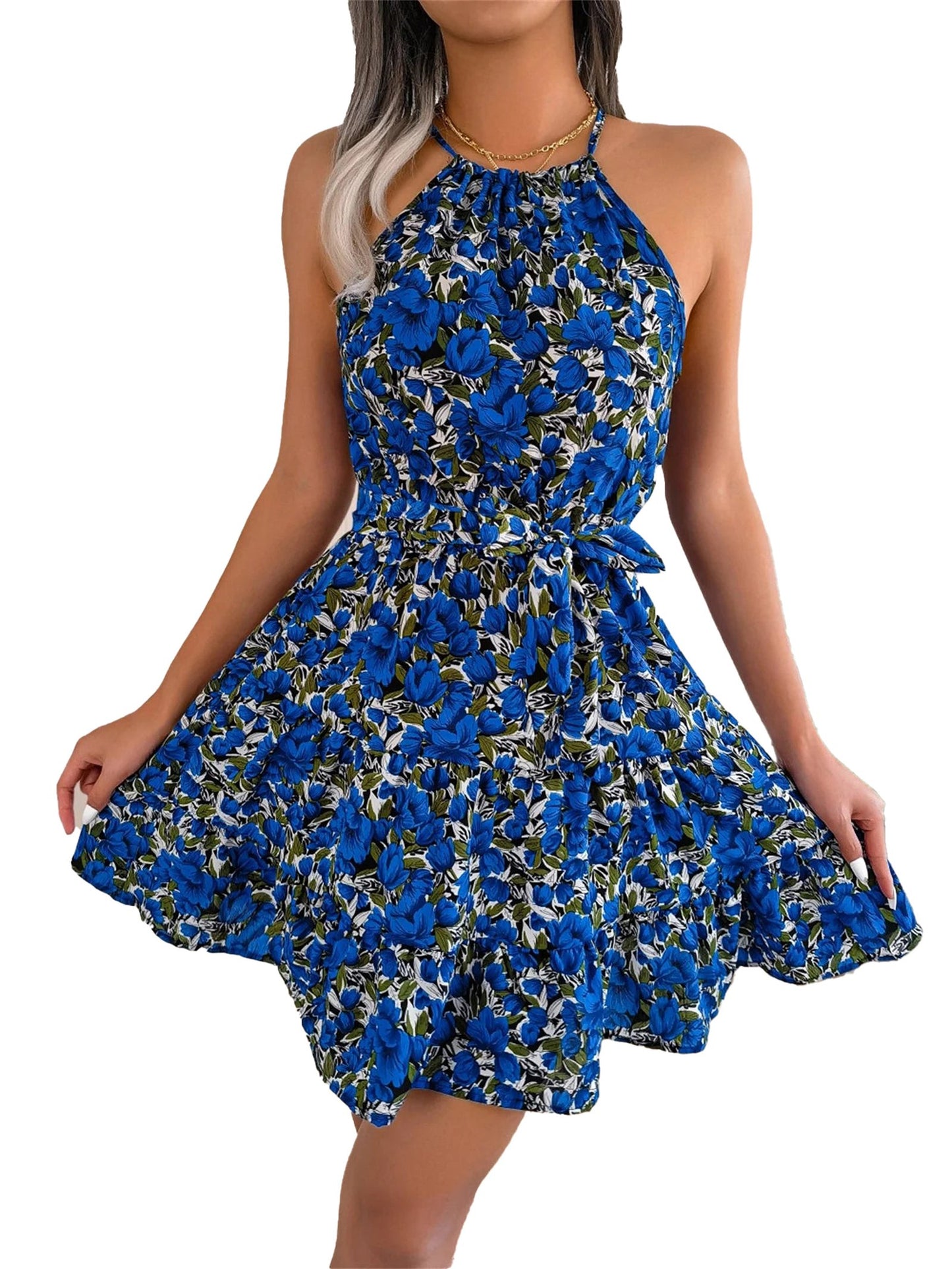 Women's floral halter dress in blue with vibrant floral pattern and flattering fit for summer wear