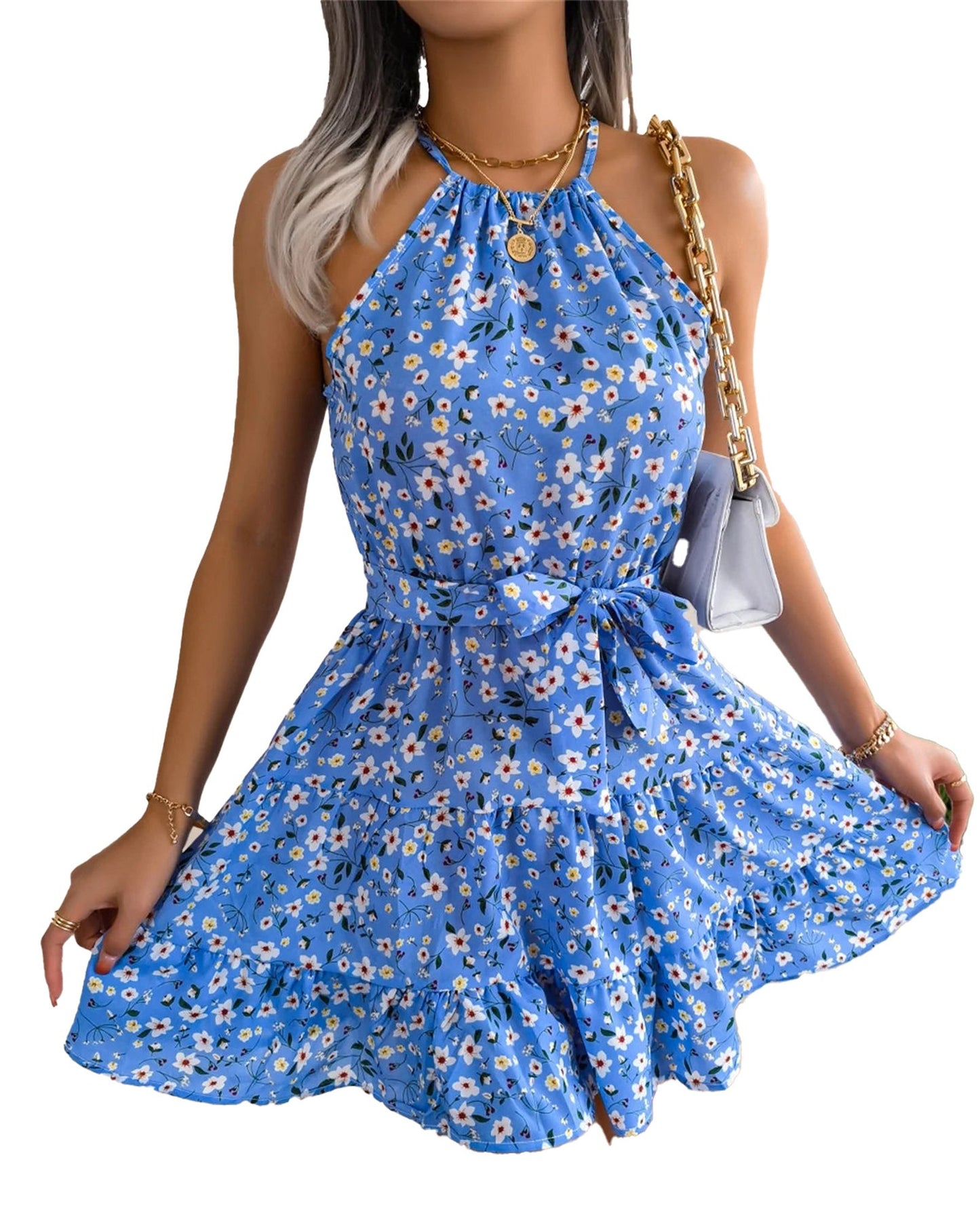 Women's floral halter dress in blue with a ruffled skirt and tie waist detail from LuckeLadybug LLC