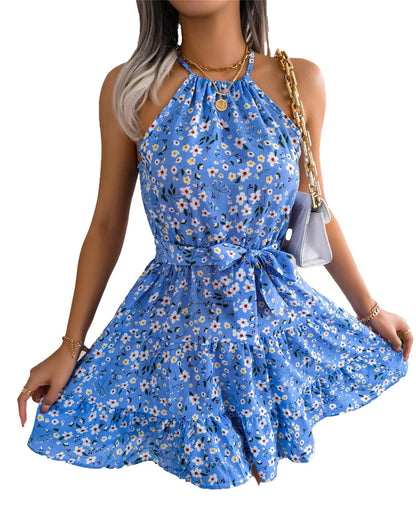 Women's floral halter dress in blue with a ruffled skirt and tie waist detail from LuckeLadybug LLC