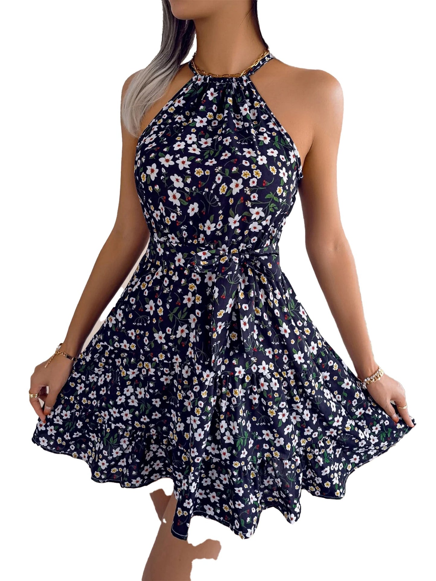 LuckeLadybug LLC women's floral halter dress with a flowy skirt and vibrant flower patterns