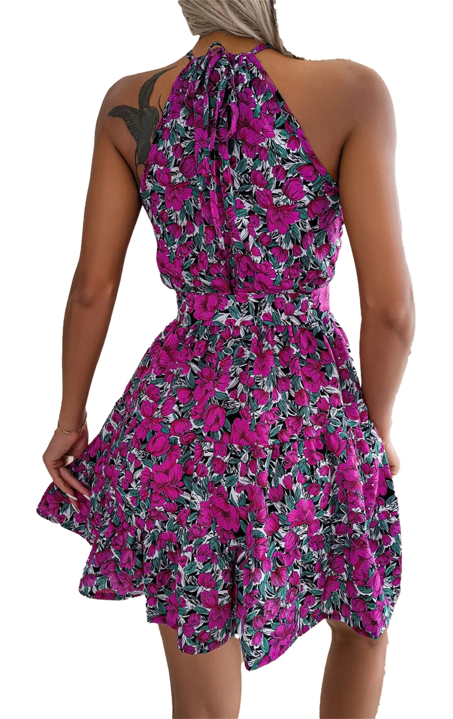 Back view of a women's floral halter dress in vibrant pink floral print, perfect for summer outings