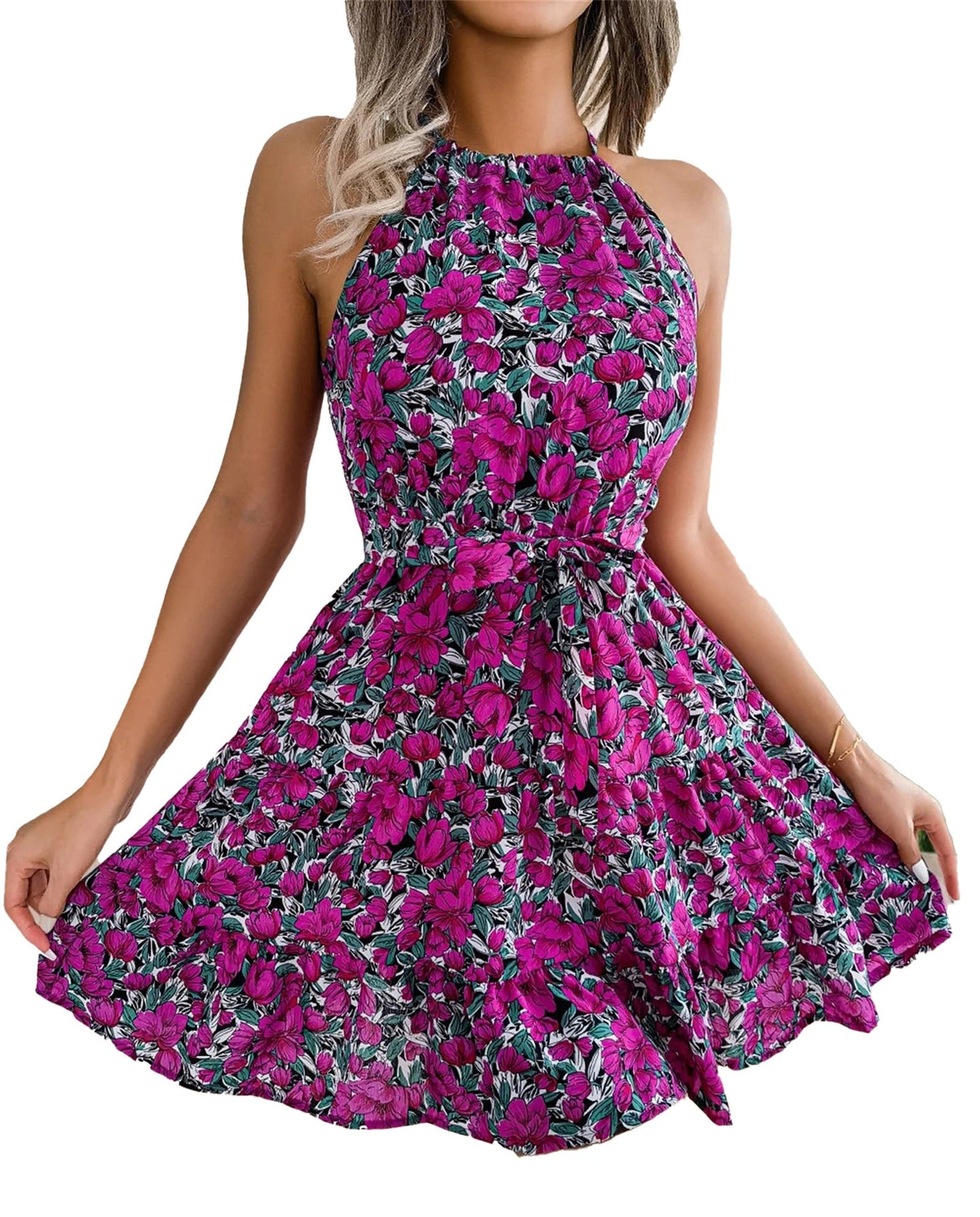 LuckeLadybug women's floral halter dress in vibrant pink with a flared skirt design