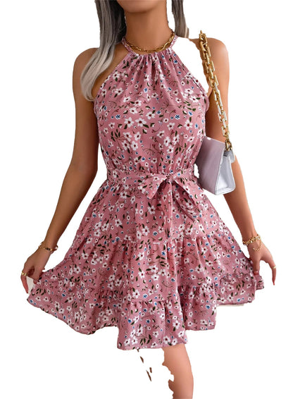 LuckeLadybug women's floral halter dress in pink with a flared skirt and tie waist detail