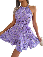 LuckeLadybug women's floral halter dress in purple with ruffled hem and bow detail